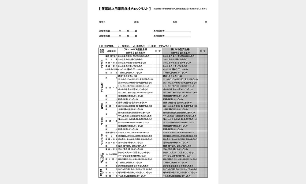 墜落制止用器具点検チェックリスト - ハタコン書式集 安全書類・現場